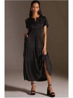 Anthropologie Somerset Satin Black Tiered Maxi Dress with Short Sleeves - NWT